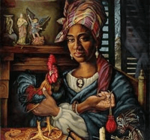 Jedno z mnoha moderních vyobrazení Marie Laveau. Je zde vše, co je pro neworleánské vúdú charakteristické: figurky svatých na krbové římse kontrastující s africkou soškou v pravém dolním rohu, kohout společně s albínským hadem a Marie Laveau s vysokým tignonem na hlavě a váčkem gris-gris v ruce.